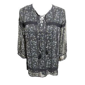 Vintage cottage blouses top long ties print black white sleeve plus size 1X